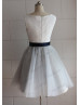 Boat Neck Ivory Lace Gray Tulle Short Bridesmaid Dress